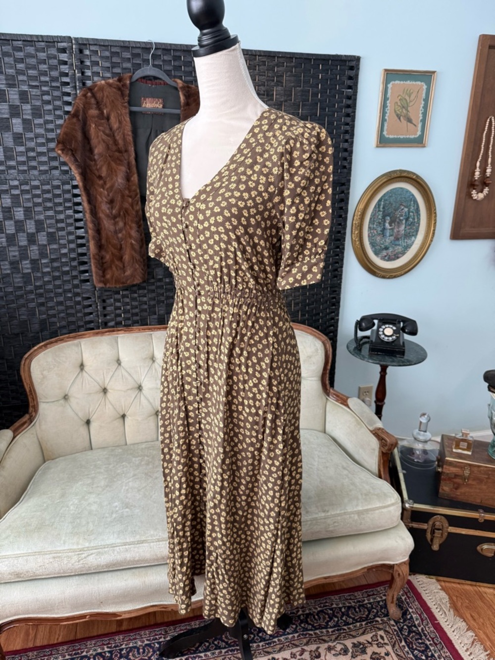 🌿 Madewell Floral Midi Dress Olive Green Yellow Button Front - Picture 7 of 11